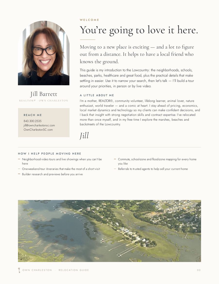 Welcome page with a note from Jill and how she helps people moving here