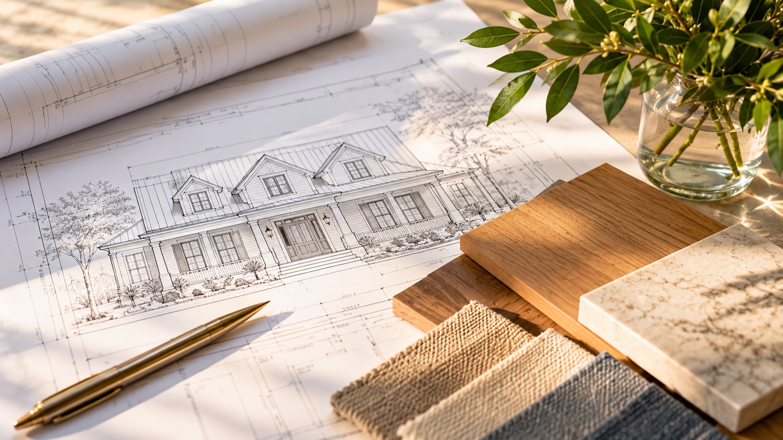 House plans on a table with wood, stone and fabric samples