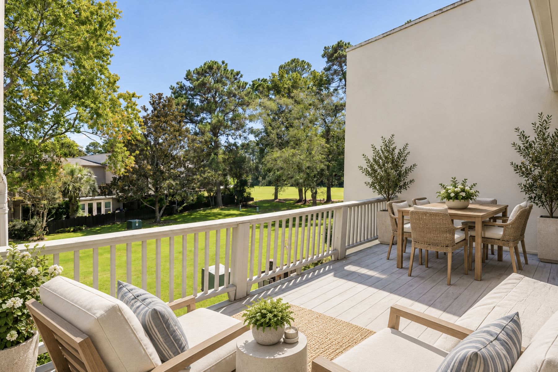 Private upstairs deck off the primary suite, looking out over the Snee Farm golf course
