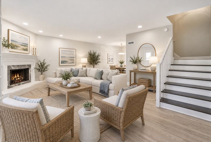 Living room with fireplace and stairs to the second floor