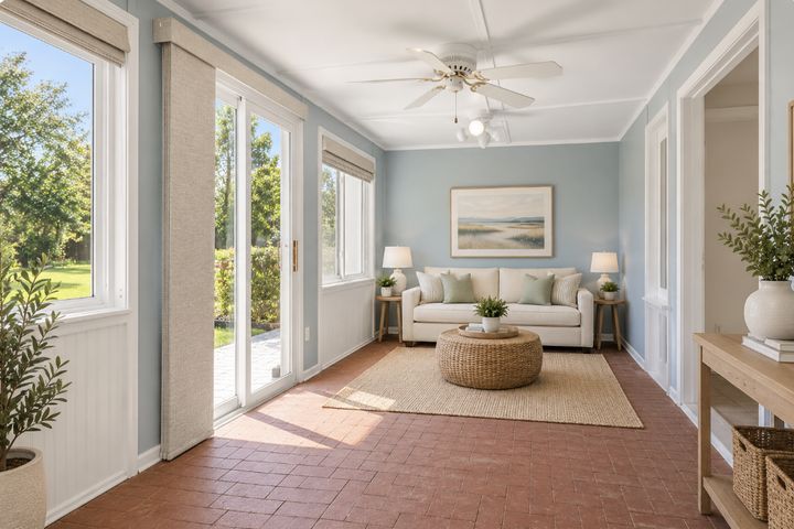 Enclosed sunroom with brick floor and sliding door to the yard