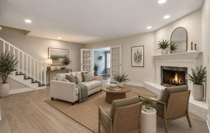 Living room with fireplace, stairs and French doors to the sunroom